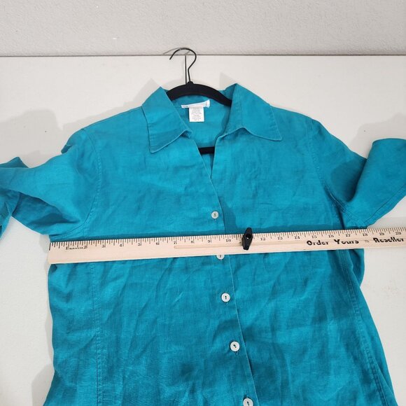 David N Top Womens Turquoise Linen Button Down Blouse Size Medium - Picture 9 of 12